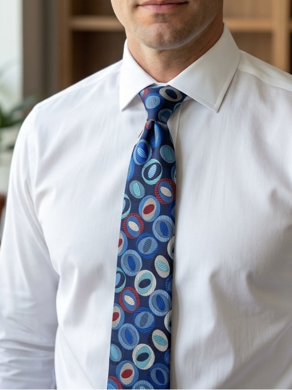 DUCHAMP Navy Geometric Circle Pattern Silk Tie Made in England